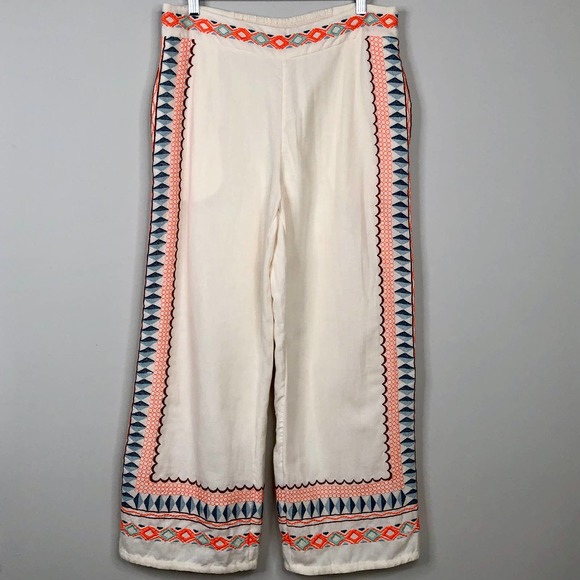 Anthropologie White Wide Leg Pants with Orange and Blue Accents - Picture 4 of 11